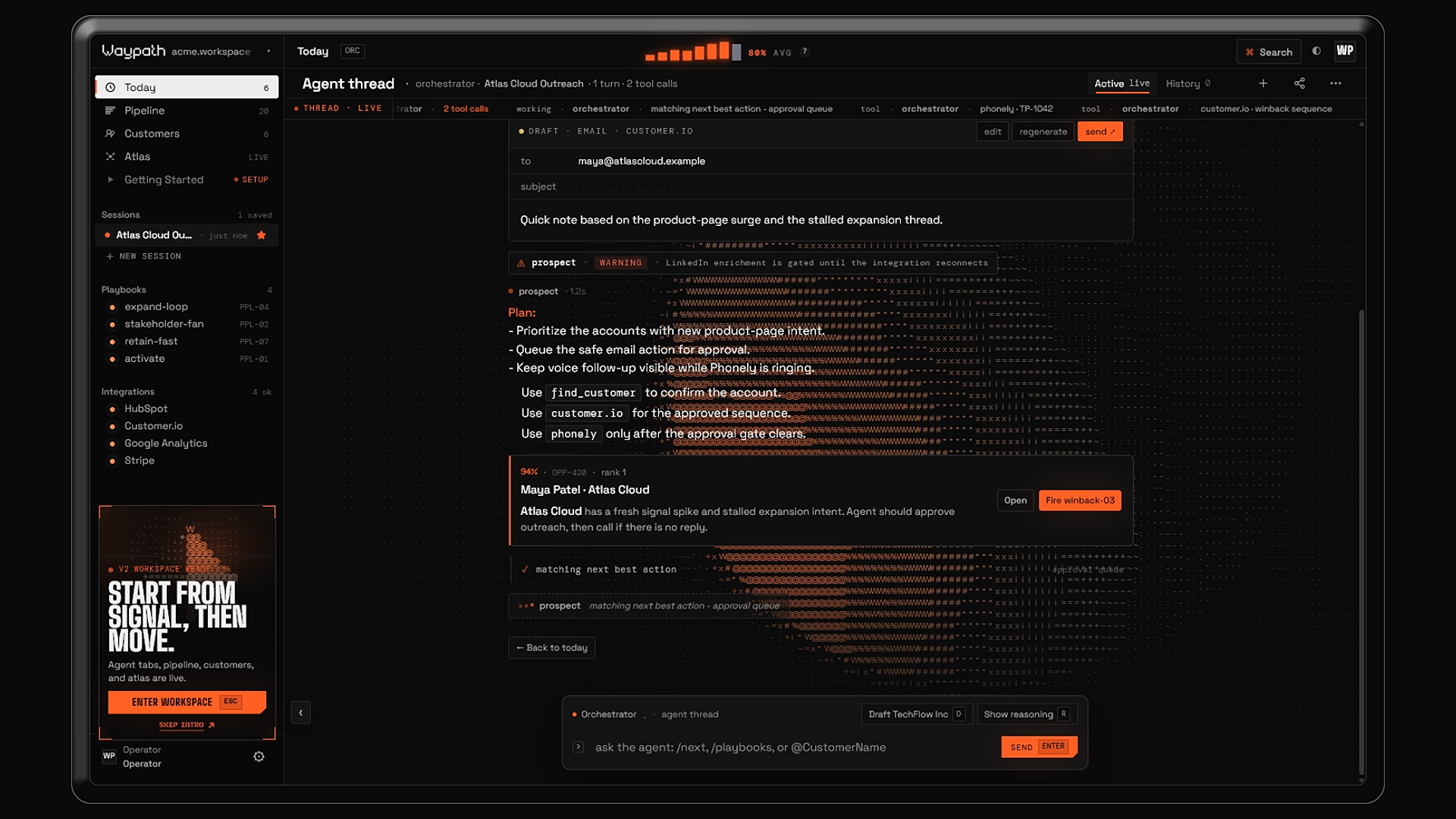 Waypath Intelligence - cross-platform customer correlation map, agent chat, and signal detail in one view